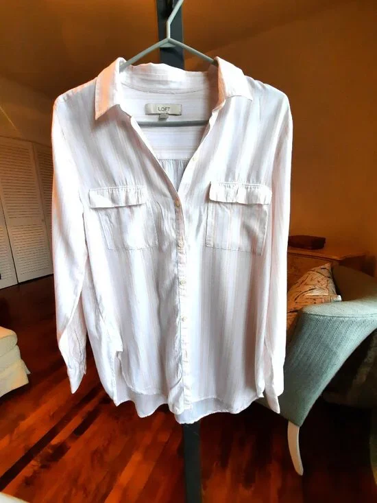 Loft long button down shirt, subtle shades of peach and white stripes - Picture 2 of 6